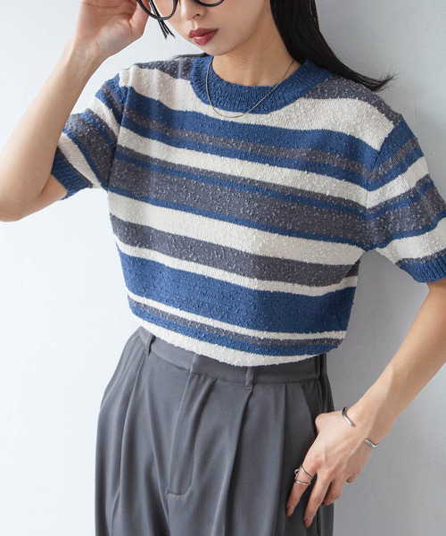 Chillfar（チルファー）の「カラーボーダーサマーニットトップス（ニット/セーター・レディース・ブルー/ブラック/レッド/ブラウン・FREE）」の18枚目の写真