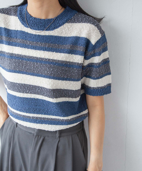 Chillfar（チルファー）の「カラーボーダーサマーニットトップス（ニット/セーター・レディース・ブルー/ブラック/レッド/ブラウン・FREE）」の17枚目の写真