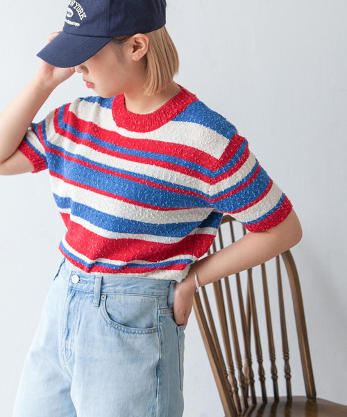 Chillfar（チルファー）の「カラーボーダーサマーニットトップス（ニット/セーター・レディース・ブルー/ブラック/レッド/ブラウン・FREE）」の11枚目の写真
