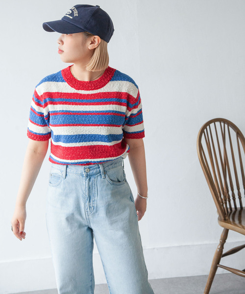 Chillfar（チルファー）の「カラーボーダーサマーニットトップス（ニット/セーター・レディース・ブルー/ブラック/レッド/ブラウン・FREE）」の10枚目の写真
