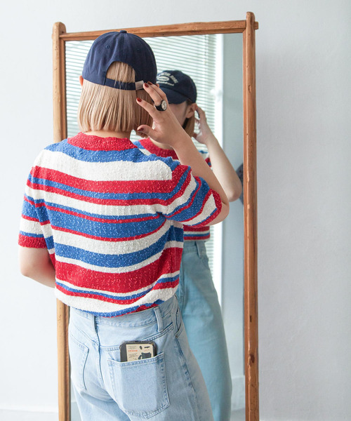 Chillfar（チルファー）の「カラーボーダーサマーニットトップス（ニット/セーター・レディース・ブルー/ブラック/レッド/ブラウン・FREE）」の8枚目の写真