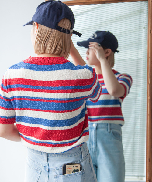 Chillfar（チルファー）の「カラーボーダーサマーニットトップス（ニット/セーター・レディース・ブルー/ブラック/レッド/ブラウン・FREE）」の6枚目の写真