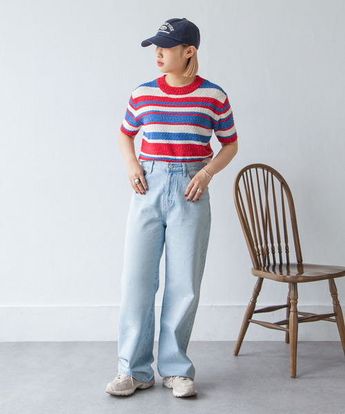 Chillfar（チルファー）の「カラーボーダーサマーニットトップス（ニット/セーター・レディース・ブルー/ブラック/レッド/ブラウン・FREE）」の5枚目の写真