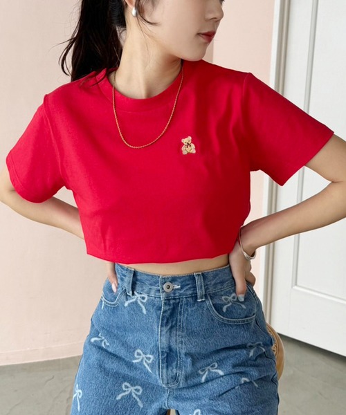 one after another NICE CLAUP（ワンアフターアナザーナイスクラップ）の「【teddy bear コラボ商品】くまちゃん刺しゅうTee（Tシャツ/カットソー・レディース・ピンク/レッド/ネイビー/ホワイト・FREE）」の4枚目の写真