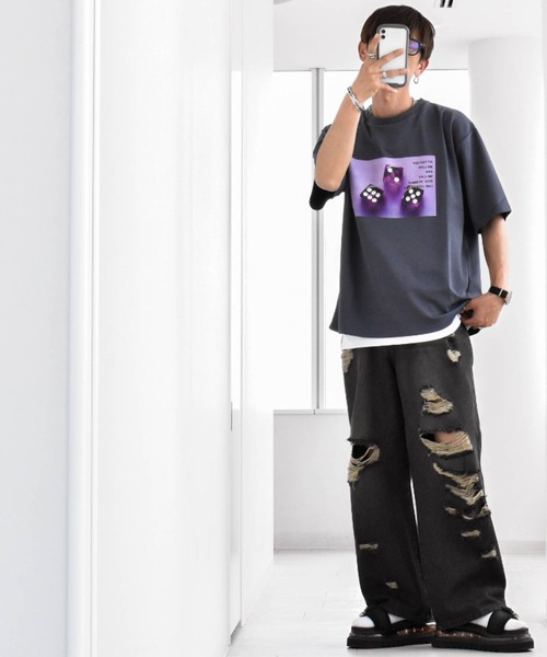 Anytime Songs(エニータイムソングス)の「ダンボールニット クルーネック転写プリントTシャツ(DICE)(Tシャツ/カットソー・メンズ・ブラック/ホワイト/チャコール・LARGE/X-LARGE/MEDIUM)」の7枚目の写真