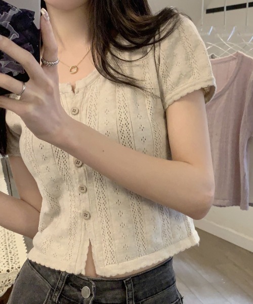 Achic(アシック)の「二ットカーディガン(Tシャツ/カットソー・レディース・オフホワイト/ピンク/ベージュ・M)」の7枚目の写真