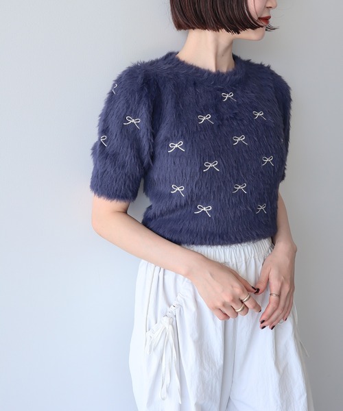 リボン刺繍フェザーニットプルオーバー（ニット/セーター
