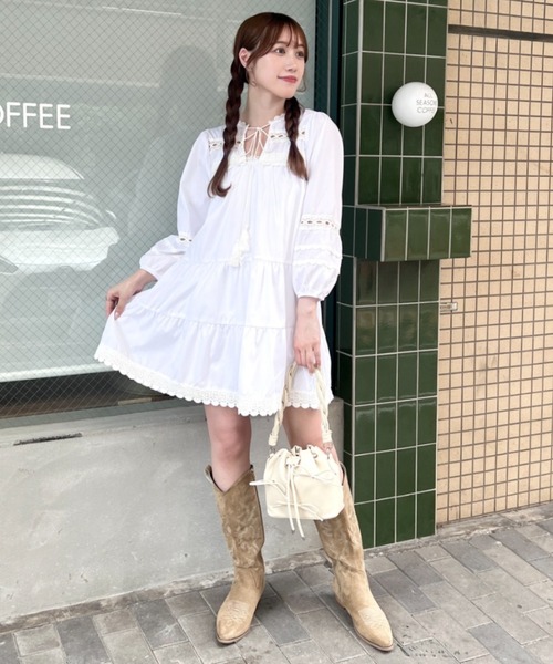 セール】フリンジリボンレースティアードミニワンピース（ワンピース