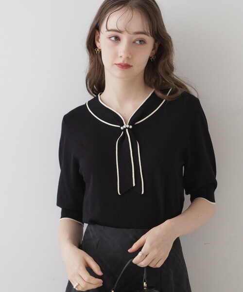 couture brooch（クチュールブローチ）の「◆【上品なアクセントをプラス】配色フェイクパールタイ（ニット/セーター・レディース・ブルー系9/アイボリー系4/ブラック系4・36/38/42）」の2枚目の写真