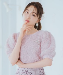 リボンブローチ付きテディヤーンニット