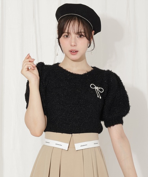 WILLSELECTION（ウィルセレクション）の「リボンブローチ付きテディヤーンニット（ニット/セーター・レディース・ピンク/ボルドー/イエロー/ミント/ラベンダー/ベージュ/オフホワイト/ブラック・FREE）」の3枚目の写真