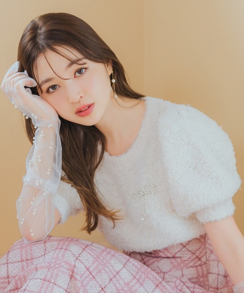 WILLSELECTION（ウィルセレクション）の「リボンブローチ付きテディヤーンニット（ニット/セーター・レディース・ピンク/ボルドー/イエロー/ミント/ラベンダー/ベージュ/オフホワイト/ブラック・FREE）」の10枚目の写真