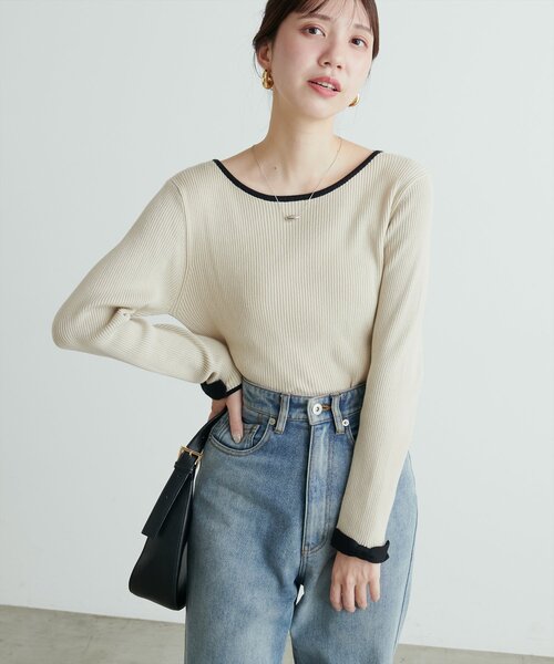 natural couture(ナチュラルクチュール)の「袖口リボン配色リブニット(ニット/セーター・レディース・モカ/サックスブルー/アイボリー/ブラック・FREE)」の7枚目の写真