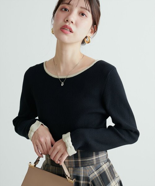 natural couture(ナチュラルクチュール)の「袖口リボン配色リブニット(ニット/セーター・レディース・モカ/サックスブルー/アイボリー/ブラック・FREE)」の12枚目の写真