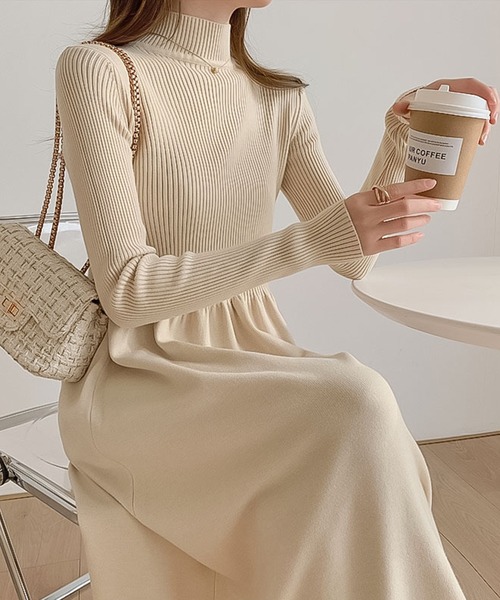 スタンドカラー切り替えニットワンピース（ワンピース）｜aimoha