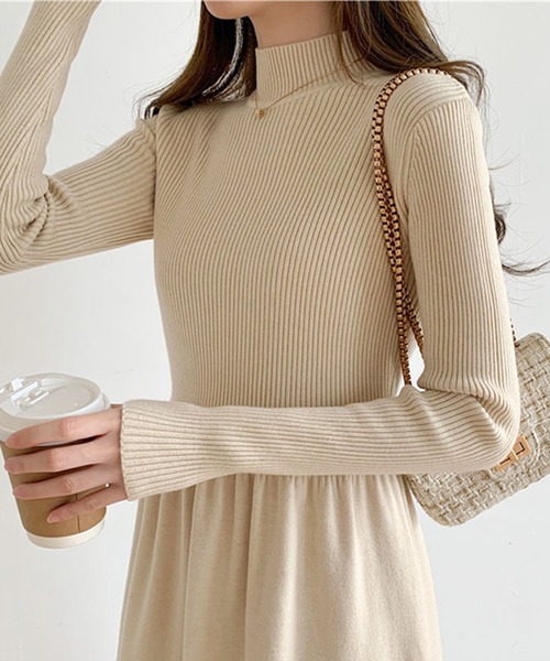 スタンドカラー切り替えニットワンピース（ワンピース）｜aimoha