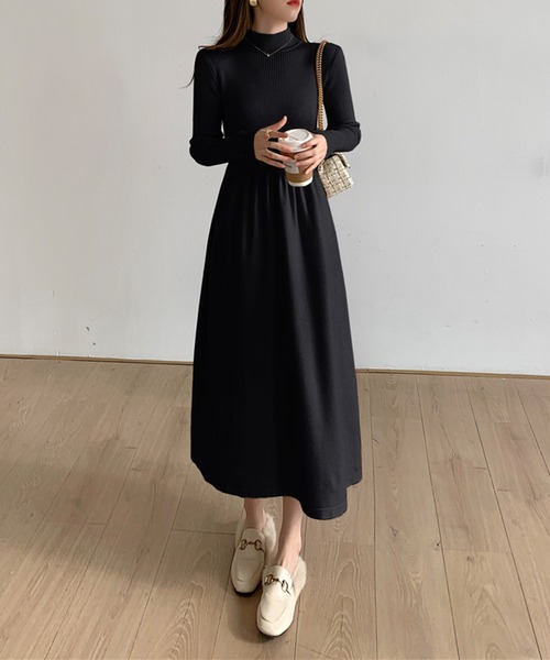 スタンドカラー切り替えニットワンピース（ワンピース）｜aimoha