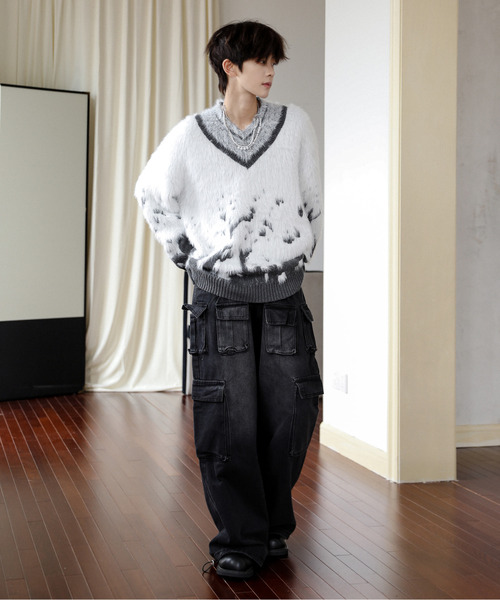 neos（ネオス）の「【neos】ルーズシルエット Vネック ライン シャギー グラデーション ニット プルオーバー（ニット/セーター・メンズ・グレー/ホワイト・X-LARGE/LARGE/MEDIUM）」の10枚目の写真