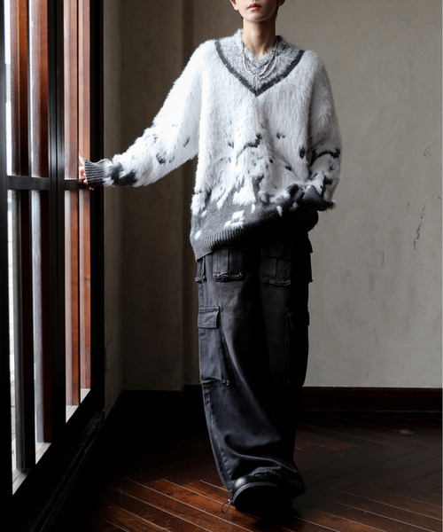 neos（ネオス）の「【neos】ルーズシルエット Vネック ライン シャギー グラデーション ニット プルオーバー（ニット/セーター・メンズ・グレー/ホワイト・X-LARGE/LARGE/MEDIUM）」の13枚目の写真