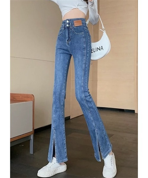 FREE STYLISTS(フリー スタイリスト)の「美脚ハイウエスト 裾スリットフレアデニムパンツ(デニムパンツ・レディース・ダークブルー/ライトブルー/ブラック/ブルー・M/L/XL/XS/S/2XL/3XL)」の4枚目の写真