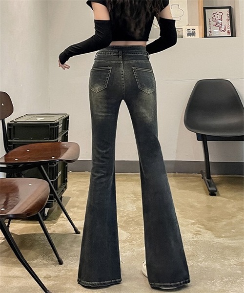 セール】美脚ハイウエスト 裾スリットフレアデニムパンツ