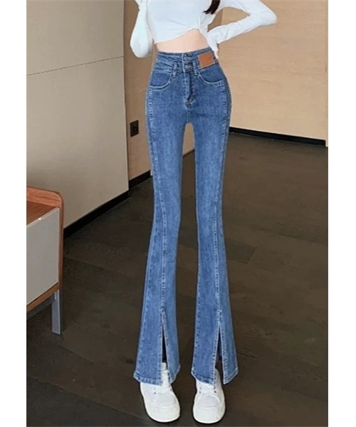 セール】美脚ハイウエスト 裾スリットフレアデニムパンツ（デニム