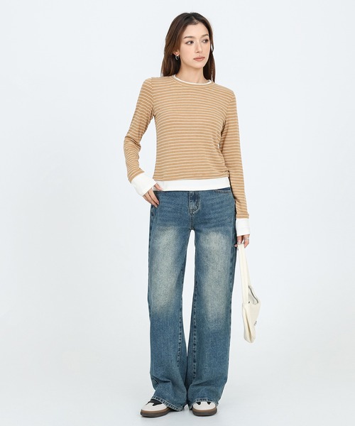 SUWDEE(スーディー)の「layered style border long sleeve tops(Tシャツ/カットソー・レディース・イエロー/ダークグレー/ホワイト・FREE)」の1枚目の写真