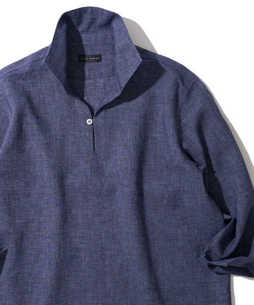 TETE HOMME（テットオム）の「展開店舗限定 ハードマンリネン / Herdmans Linen 7分袖カプリシャツ / スキッパーシャツ（シャツ/ブラウス・メンズ・ダークネイビー/カーキ/ホワイト/ブラック/ネイビー/ベージュ/ブルー・LARGE/MEDIUM/X-LARGE）」の5枚目の写真