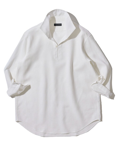 TETE HOMME（テットオム）の「展開店舗限定 ハードマンリネン / Herdmans Linen 7分袖カプリシャツ / スキッパーシャツ（シャツ/ブラウス・メンズ・ダークネイビー/カーキ/ホワイト/ブラック/ネイビー/ベージュ/ブルー・LARGE/MEDIUM/X-LARGE）」の8枚目の写真