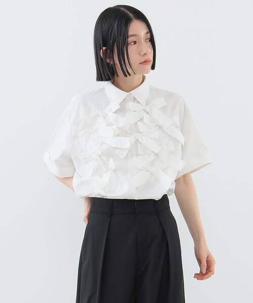 「CAROLINA GLASER」 長袖ブラウス ONE SIZE ブラック レディース コットン リボン ショートスリーブ ブラウス（シャツ/ブラウス