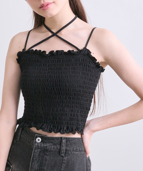 OLIVE des OLIVE(オリーブデオリーブ)の「クロスリボン付シャーリングキャミ(キャミソール・レディース・ホワイト/ブラック/ピンク/その他/その他1・FREE)」の2枚目の写真