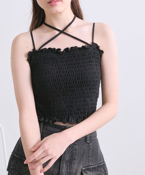 OLIVE des OLIVE(オリーブデオリーブ)の「クロスリボン付シャーリングキャミ(キャミソール・レディース・ホワイト/ブラック/ピンク/その他/その他1・FREE)」の9枚目の写真