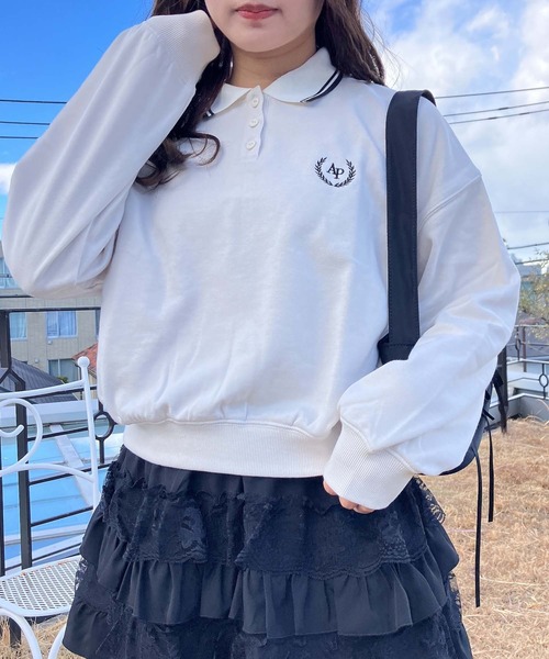 AS KNOW AS plus(アズノゥアズプラス)の「●衿ライン ワンポイントロゴ刺繍 ロングスリーブポロシャツ(ポロシャツ・レディース・グレー系/グリーン系/アイボリー系・FREE)」の12枚目の写真