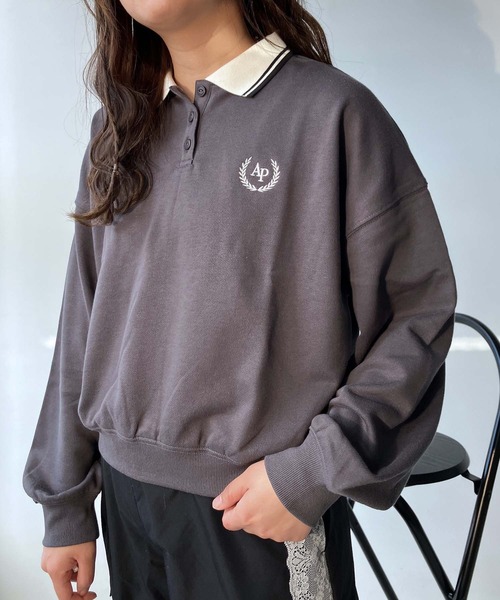 AS KNOW AS plus(アズノゥアズプラス)の「●衿ライン ワンポイントロゴ刺繍 ロングスリーブポロシャツ(ポロシャツ・レディース・グレー系/グリーン系/アイボリー系・FREE)」の21枚目の写真