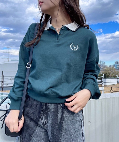 AS KNOW AS plus(アズノゥアズプラス)の「●衿ライン ワンポイントロゴ刺繍 ロングスリーブポロシャツ(ポロシャツ・レディース・グレー系/グリーン系/アイボリー系・FREE)」の16枚目の写真