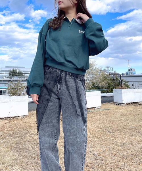 AS KNOW AS plus(アズノゥアズプラス)の「●衿ライン ワンポイントロゴ刺繍 ロングスリーブポロシャツ(ポロシャツ・レディース・グレー系/グリーン系/アイボリー系・FREE)」の14枚目の写真