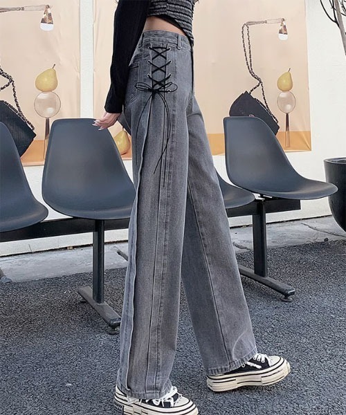 デニムパンツグレーきのこ様 Mayree】サイド 編み上げ デザイン リボン デニムパンツ（デニムパンツ