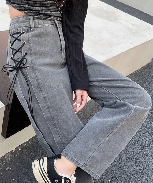 Mayree(メイリー)の「【Mayree】サイド 編み上げ デザイン リボン デニムパンツ(デニムパンツ・レディース・グレー・MEDIUM/SMALL/LARGE)」の3枚目の写真