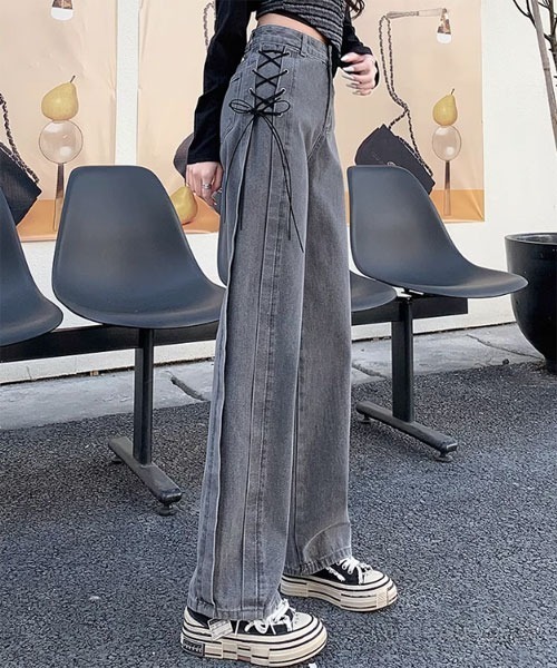 Mayree】サイド 編み上げ デザイン リボン デニムパンツ（デニムパンツ