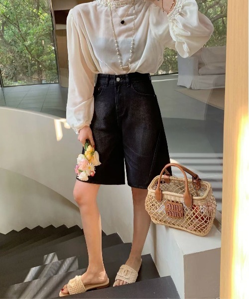FINEnough（ファインナフ）の「バギーデニムハーフパンツ（デニムパンツ・レディース・ブラック/サックスブルー/ブルー・M/L）」の16枚目の写真