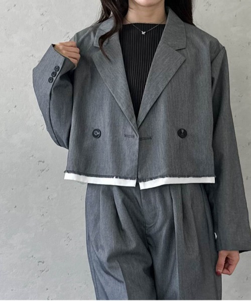 Per sist ence（パーシエンス）の「TRツイルショートパイピングジャケット  セットアップ対応／ショート丈／テーラードジャケット（テーラードジャケット・レディース・チャコールグレー/ライトグレー/ブラック/キャメル・FREE）」の2枚目の写真