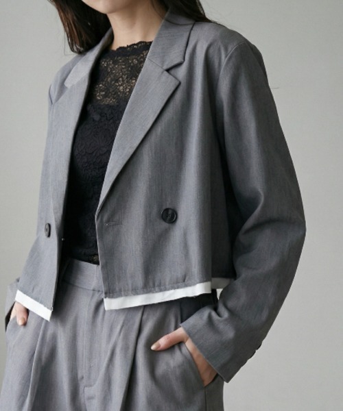 Per sist ence（パーシエンス）の「TRツイルショートパイピングジャケット  セットアップ対応／ショート丈／テーラードジャケット（テーラードジャケット・レディース・チャコールグレー/ライトグレー/ブラック/キャメル・FREE）」の3枚目の写真