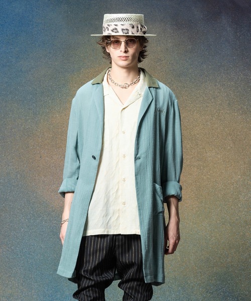 QASIMI カシミ　エルボーパッチ　ポリエステル　ロングシャツ セール】 【ウォッシャブル】シアーコンビストライプロング