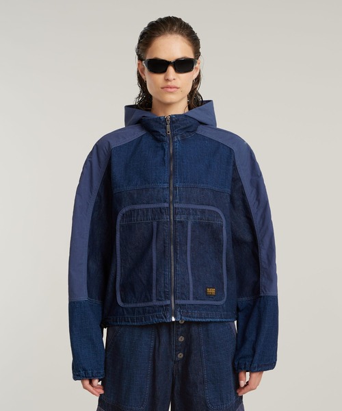 大型セールや時期 HOODED TRACK JACKET/異素材ミックスデニムナイロントラック ジャケット・アウター
