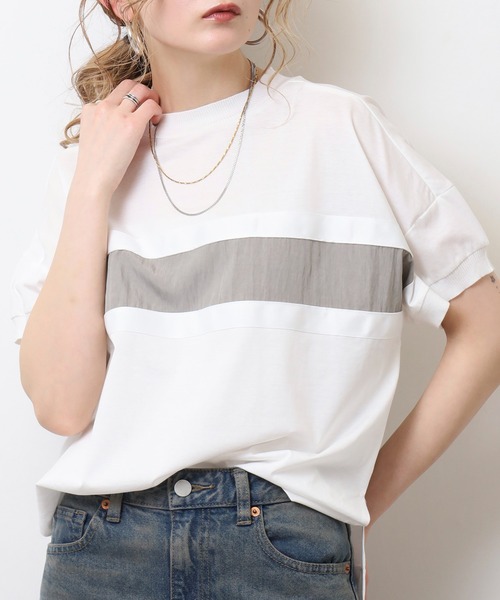 Anna Nicola(アンナニコラ)の「Anna Nicola テープ切替配色カットソー 半袖Tシャツ(Tシャツ/カットソー・レディース・ブラック/オフホワイト/チャコールグレー・38)」の2枚目の写真