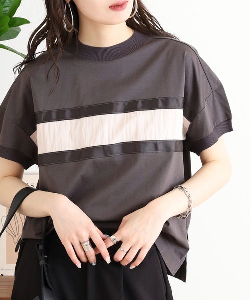 Anna Nicola(アンナニコラ)の「Anna Nicola テープ切替配色カットソー 半袖Tシャツ(Tシャツ/カットソー・レディース・ブラック/オフホワイト/チャコールグレー・38)」の1枚目の写真