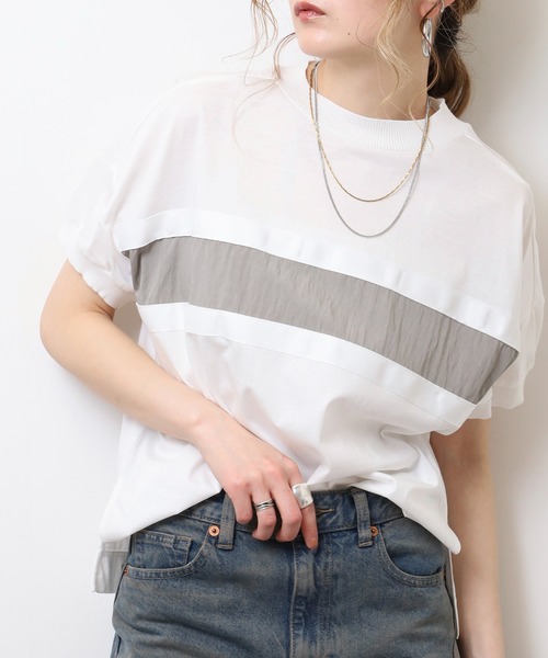 Anna Nicola(アンナニコラ)の「Anna Nicola テープ切替配色カットソー 半袖Tシャツ(Tシャツ/カットソー・レディース・ブラック/オフホワイト/チャコールグレー・38)」の4枚目の写真