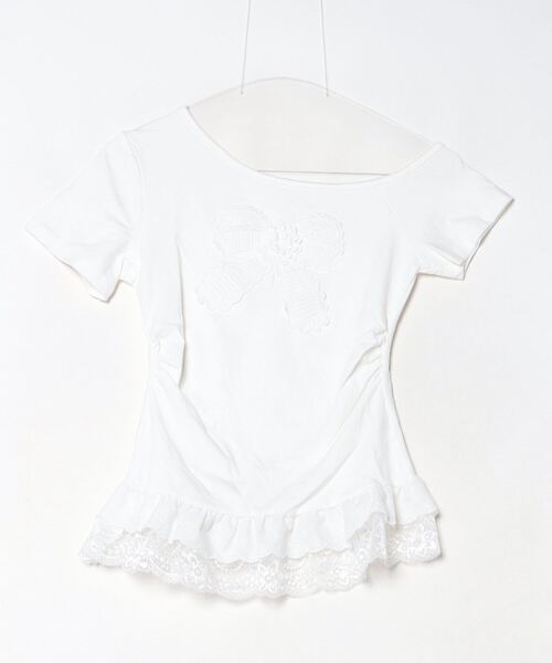 gossip!ロサンゼルス(ゴシップロサンゼルス)の「Y2Kガーリー レースリボン付きオフショルTシャツ(スリムフィット)(Tシャツ/カットソー・レディース・ホワイト・FREE)」の12枚目の写真