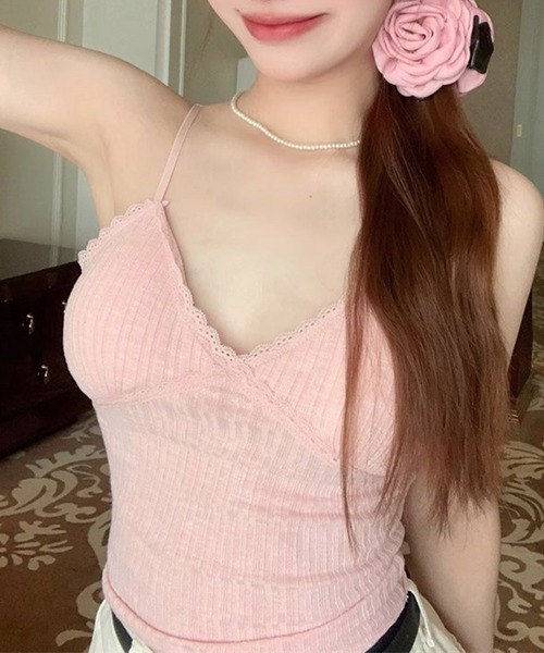 Lace Ladies(レースレディース)の「Vカット ハートネック カップ付き ソフト レース キャミソール(キャミソール・レディース・パープル/グリーン/ピンク/ホワイト/アイボリー/ブラック/ブルー・FREE)」の7枚目の写真