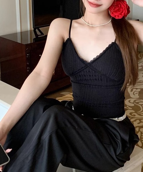セール】Vカット ハートネック カップ付き ソフト レース キャミソール